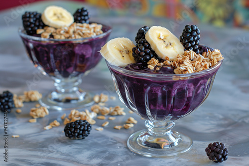 acai sorbet with banana slices blackberries and granola topping in a glass bowl