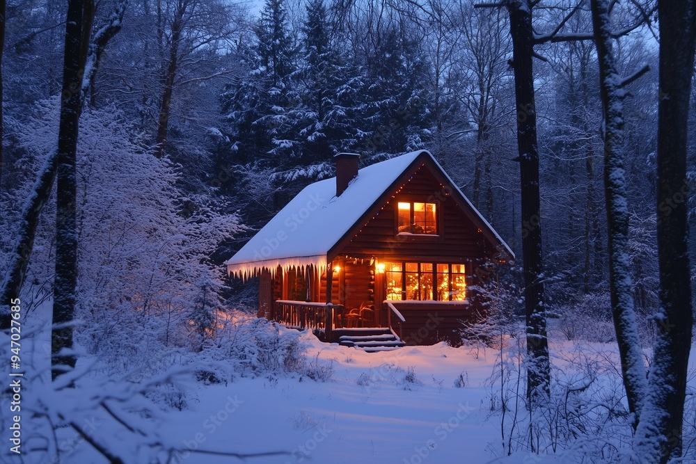 Cozy cabin illuminated at dusk in a snow-covered forest during winter, surrounded by tall evergreen trees Cozy cabin illuminated at dusk in a snow-covered forest during winter, surrounded by tall evergreen trees