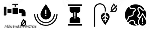 Water Scarcity Icon Set. Closed Faucet, Water Drop with Warning Sign, Empty Hourglass, Thirsty Plant, World Planet Without Water. Solid Icons. Vector Illustration