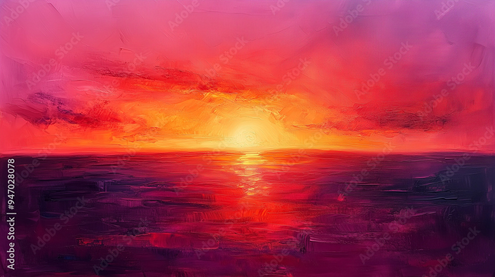 Abstract sunset painting with vibrant shades of red, orange, and pink blending into the horizon over a calm ocean, creating a warm and serene atmosphere Abstract sunset painting with vibrant shades of red, orange, and pink blending into the horizon over a calm ocean, creating a warm and serene atmosphere