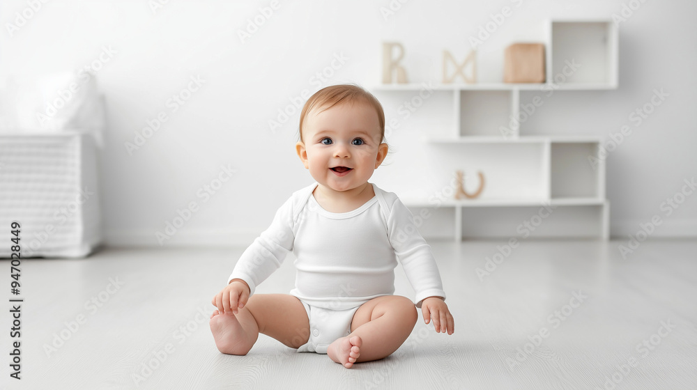 Adorable baby smiling and sitting in a white onesie mockup Adorable baby smiling and sitting in a white onesie mockup
