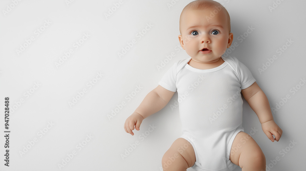 Baby wearing white onesie lying on back on white background Baby wearing white onesie lying on back on white background