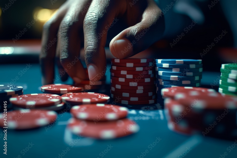 Intense card player engaged in gambling with casino chips at a vibrant casino table Intense card player engaged in gambling with casino chips at a vibrant casino table