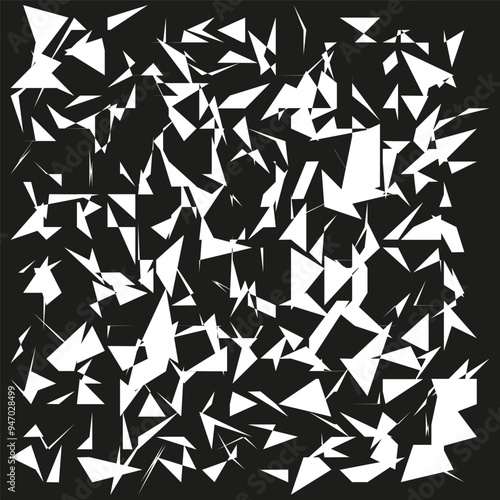 Abstract geometric pattern. Sharp angular shapes. Black and white contrast. Dynamic fragmented design.