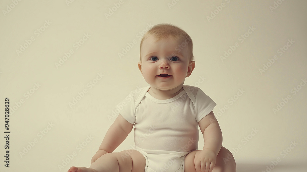 Adorable baby wearing white onesie sitting on white background Adorable baby wearing white onesie sitting on white background