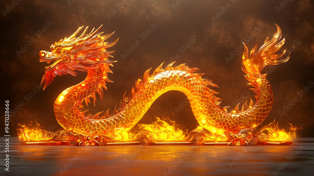 Fototapeta premium Golden Dragon in Flames Chinese Mythology Fiery Powerful