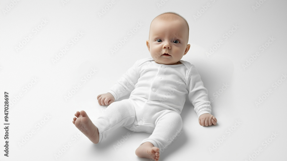 Adorable baby wearing white onesie relaxing on white background Adorable baby wearing white onesie relaxing on white background