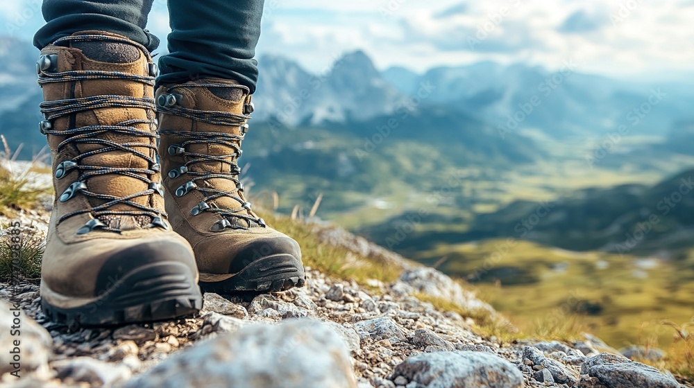 a pair of hiking boots on a rocky path, with a scenic view of mountains and valleys in the background a pair of hiking boots on a rocky path, with a scenic view of mountains and valleys in the background