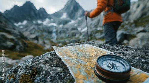 a map and compass on a rock, with a hand pointing towards a distant mountain peak