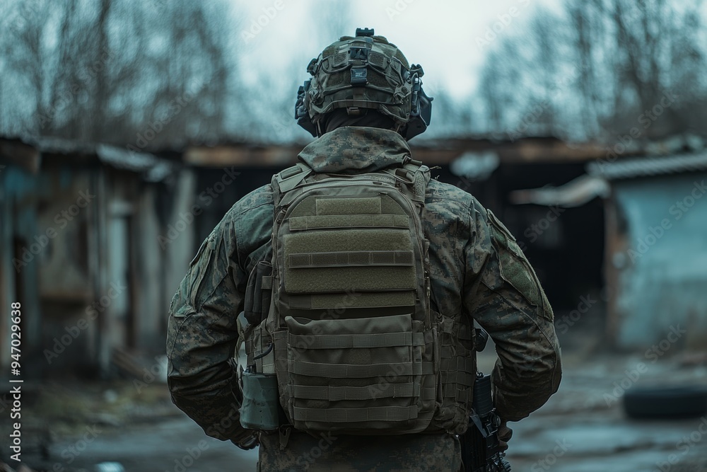 Special unit fighter turns to menace enemy with a threatening stare from a back view perspective Special unit fighter turns to menace enemy with a threatening stare from a back view perspective