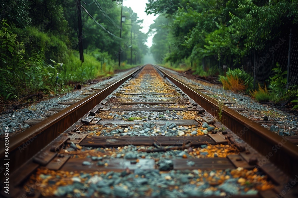 A serene view of railway tracks extending into a foggy, lush green forest on a misty morning highlighting the convergence of nature and human transportation A serene view of railway tracks extending into a foggy, lush green forest on a misty morning highlighting the convergence of nature and human transportation