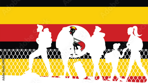 Immigration and refugees front of Uganda flag, immigrant and refugee concept, Uganda immigrants, refugee day, freedom and human rights idea, poverty and illegal immigrants
