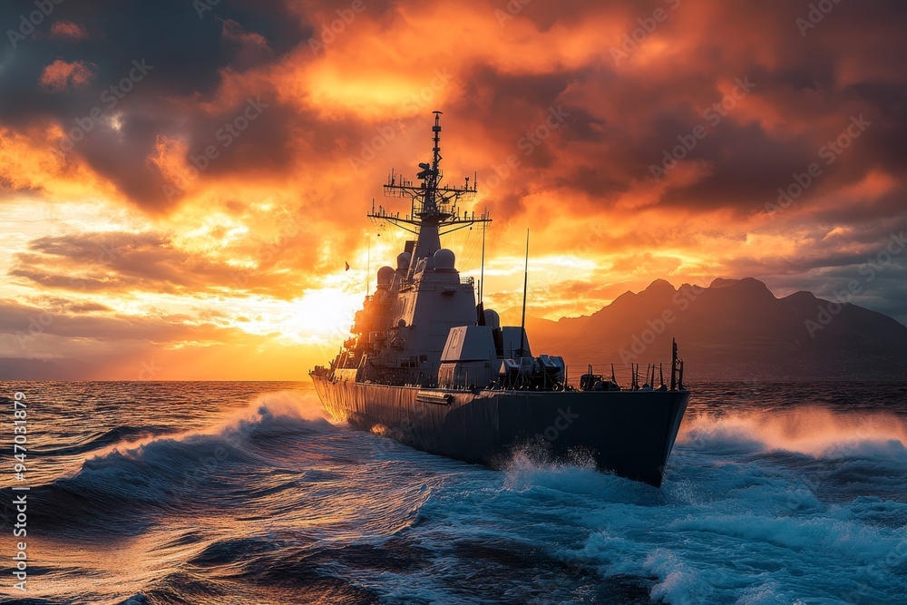 Fototapeta premium Warship maneuvers off the coast during military training exercise in open waters