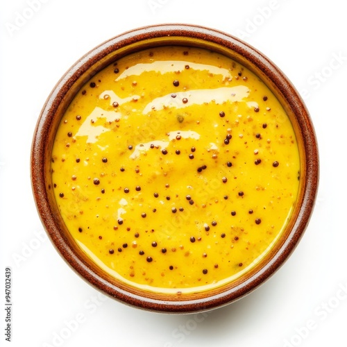 close up of mustard sauce in the bowl isolated on white background