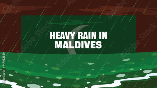 Heavy rain in Maldives banner, rainy day and winter concept, cold weather in Maldives, flood and precipitation, flag with sea waves and raindrops, hurricane disaster or storm idea
