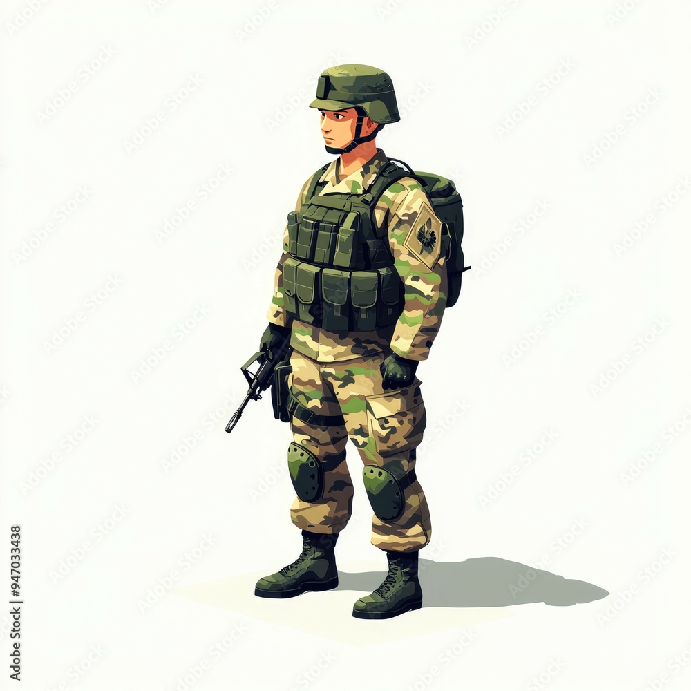 Cartoon Illustration of a Soldier in Camouflage Uniform Holding a Rifle Cartoon Illustration of a Soldier in Camouflage Uniform Holding a Rifle