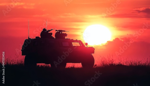 Wallpaper Mural Silhouette of military patrol vehicle at sunset with soldiers prepared for action   army art concept Torontodigital.ca