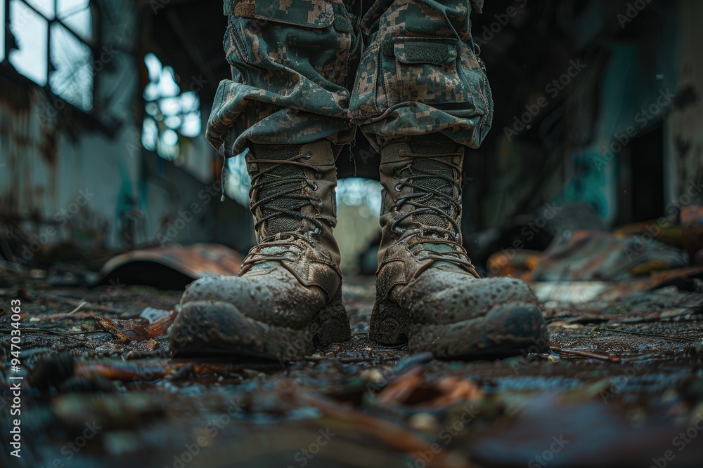 Close-up view of a soldier's muddy boots standing on a debris-strewn ground inside an abandoned building, highlighting the aftermath of a mission Close-up view of a soldier's muddy boots standing on a debris-strewn ground inside an abandoned building, highlighting the aftermath of a mission