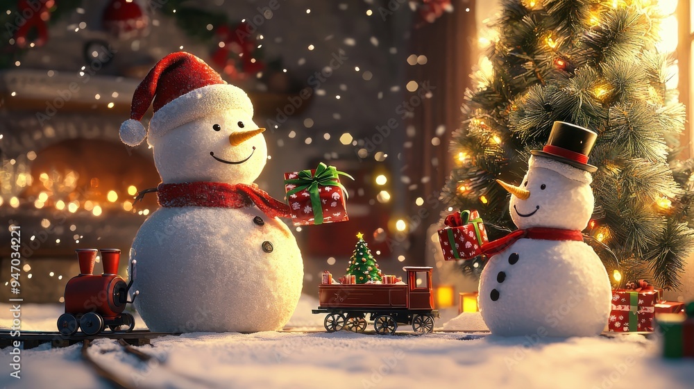 Obraz premium Christmas tree, snowman, a large snowman and a medium-sized snowman exchanging gifts