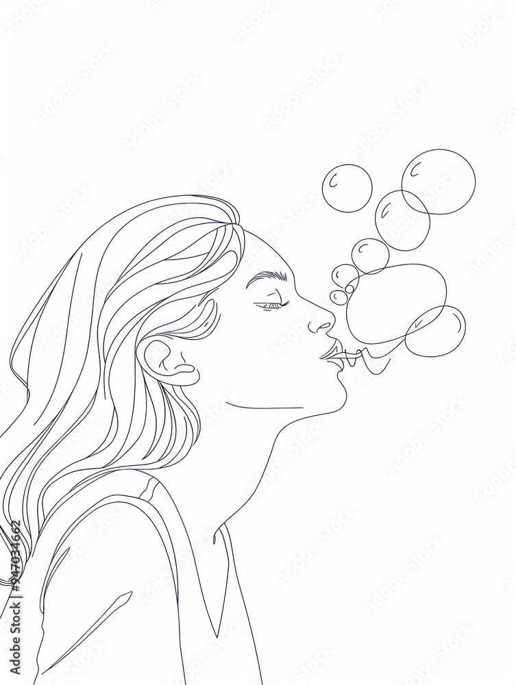 Woman Blowing Bubbles Line Art. Woman Blowing Bubbles Line Art.