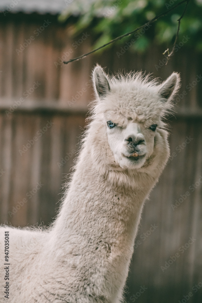 Obraz premium Close-up portrait of a white blue-eyed alpaca. The animal looks straight while walking in the zoo's enclosure.