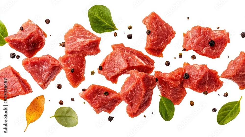 Fresh Raw Beef Cubes with Black Peppercorns and Green Leaves Fresh Raw Beef Cubes with Black Peppercorns and Green Leaves