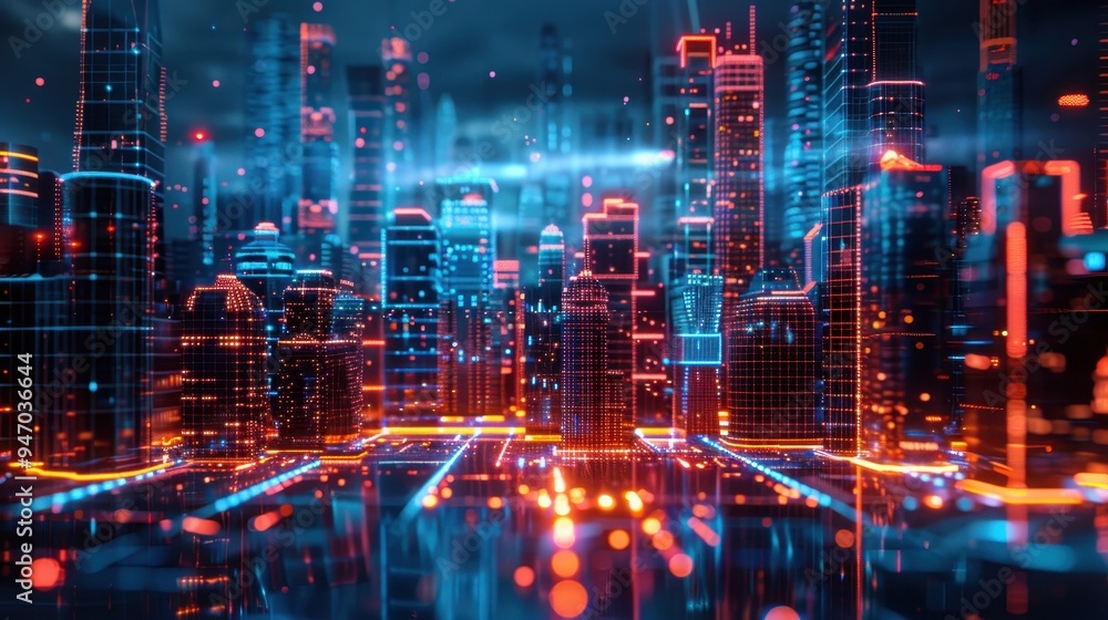 Fototapeta premium A cityscape with buildings lit up in neon colors