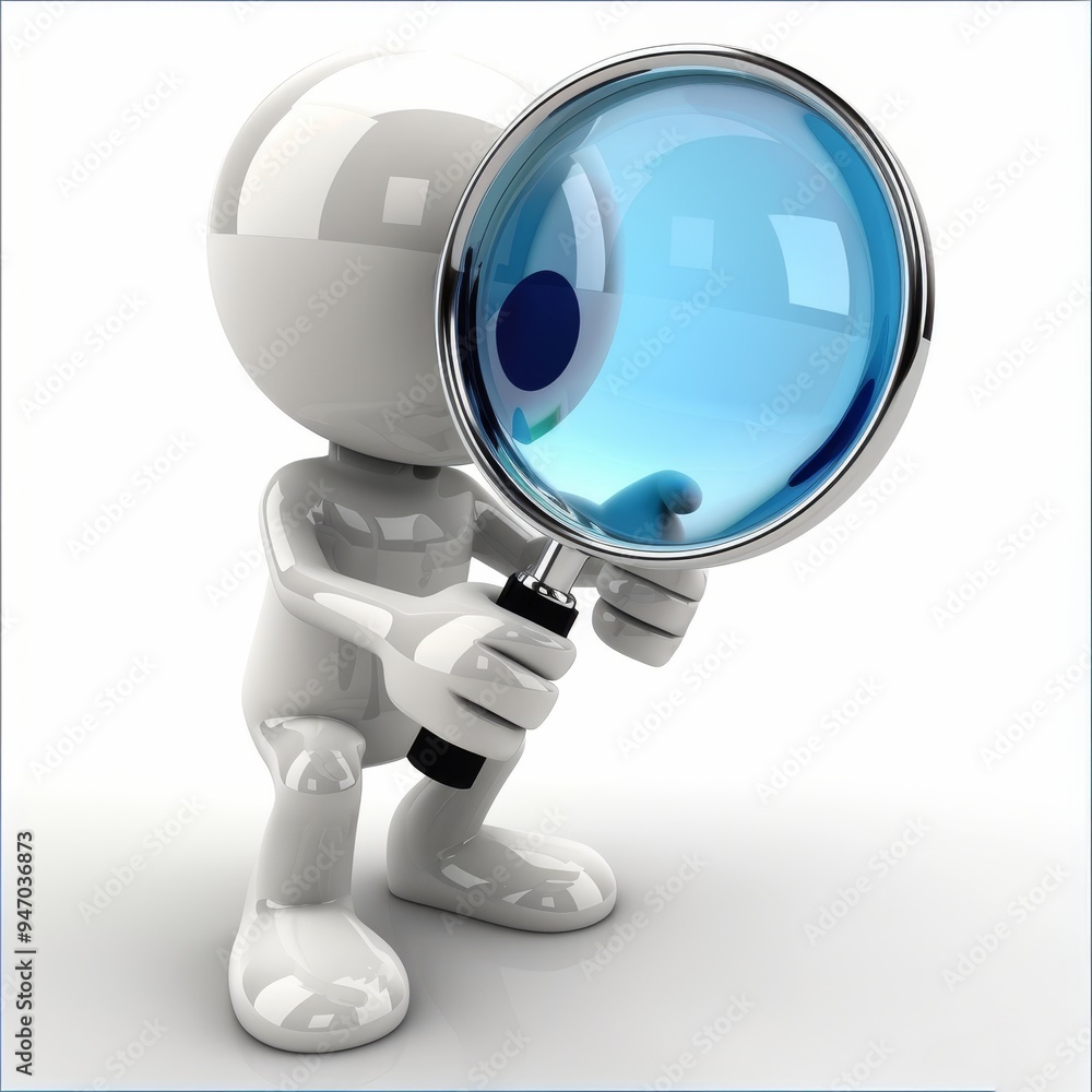 White matte 3D person looking through a magnifying glass to inspect something. The character and background are isolated on white. Use for magnifying, searching, finding, and investigation concepts. White matte 3D person looking through a magnifying glass to inspect something. The character and background are isolated on white. Use for magnifying, searching, finding, and investigation concepts.
