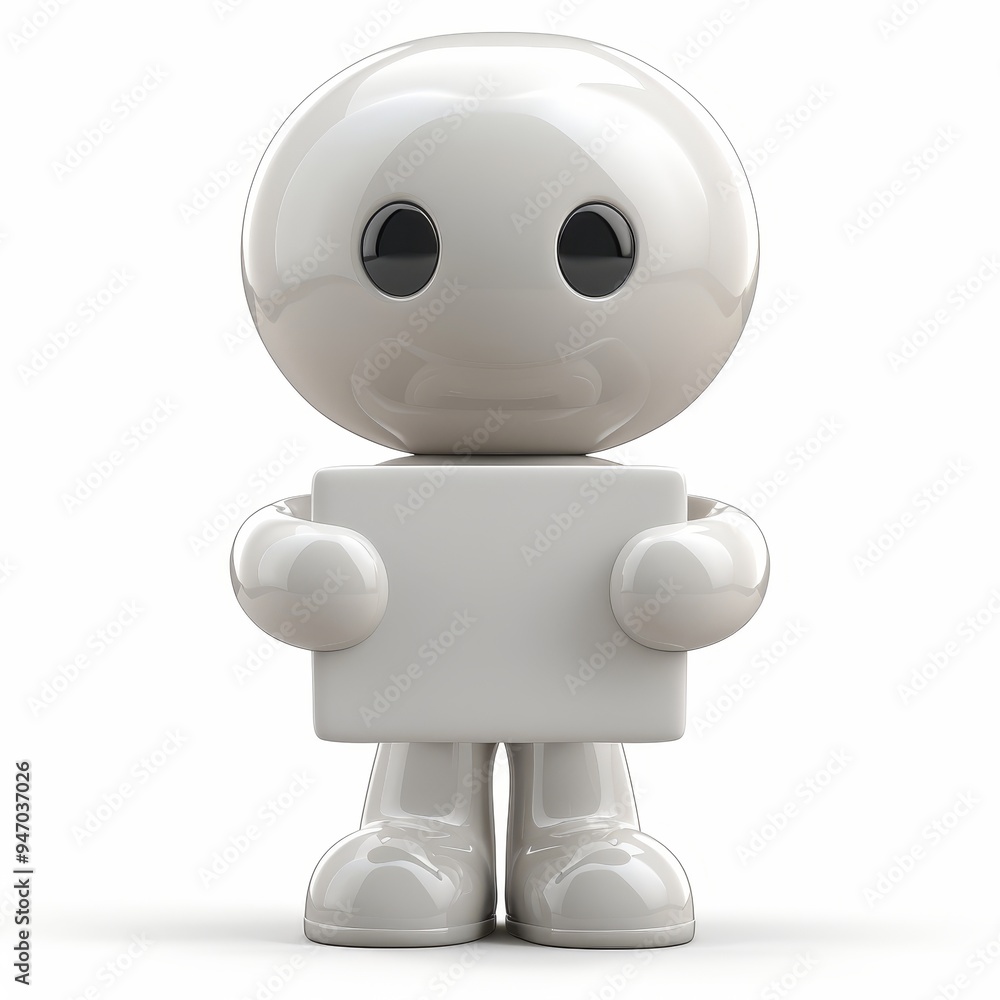 Fototapeta premium The 3D character is a simple white figure with black eyes and a friendly smile. It is standing and holding a blank sign. The character and sign are isolated on a white background. Copy space