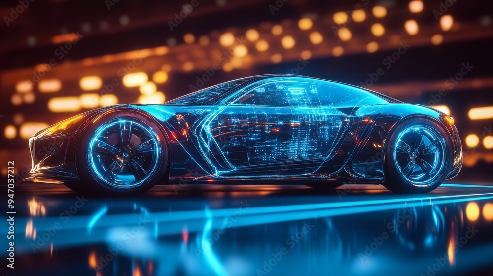 Futuristic sports car with holographic interface and neon lighting in cybernetic design Futuristic sports car with holographic interface and neon lighting in cybernetic design