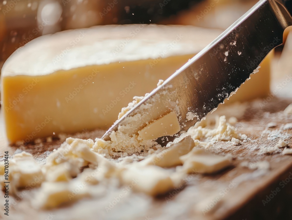 Cheese knife with cheese slicing through a block of cheese Cheese knife with cheese slicing through a block of cheese