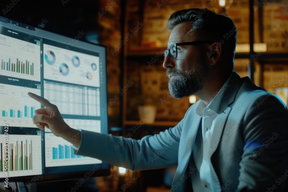 A man in a business suit is gesturing towards a computer screen, likely explaining or demonstrating something A man in a business suit is gesturing towards a computer screen, likely explaining or demonstrating something