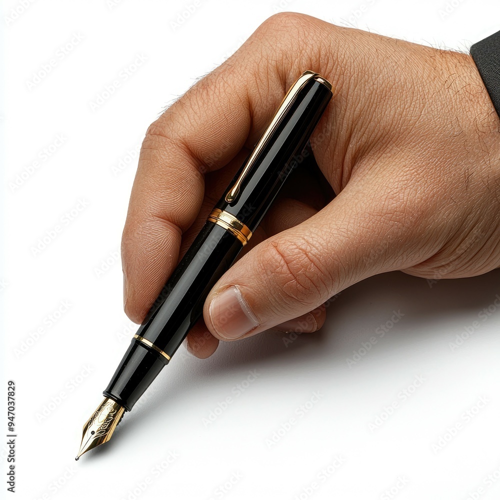 Hand Holding a Black and Gold Fountain Pen Hand Holding a Black and Gold Fountain Pen