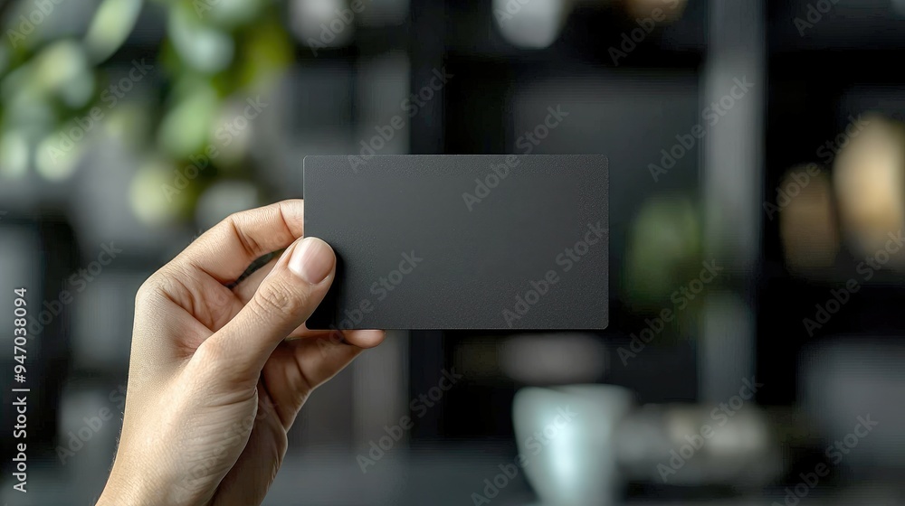 Hand Holding a Black Blank Card Against a Blurry Background Hand Holding a Black Blank Card Against a Blurry Background