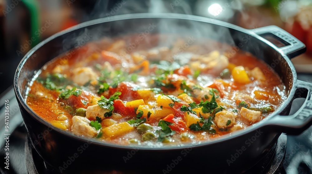 Cooking pot with lid simmering a dish, with focus on comfort food Cooking pot with lid simmering a dish, with focus on comfort food
