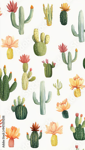A coloring page designed with a variety of cacti, all illustrated in a simple, cartoon style. The cacti are arranged in a visually pleasing manner across the page, using thick lines with no shading, 