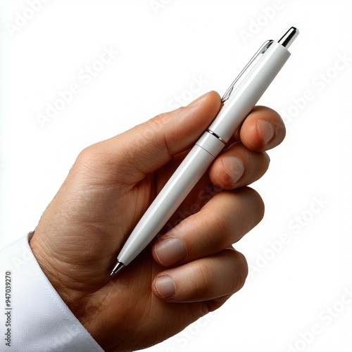 Hand Holding a White Pen Against a White Background