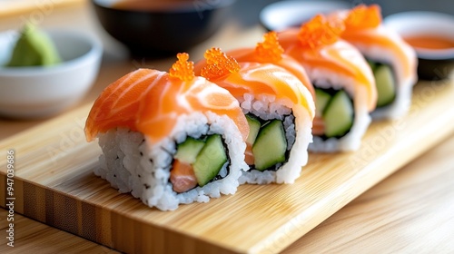 Fresh sushi rolls with vibrant ingredients like salmon, avocado, and cucumber neatly arranged on a wooden platter with dipping sauces photo