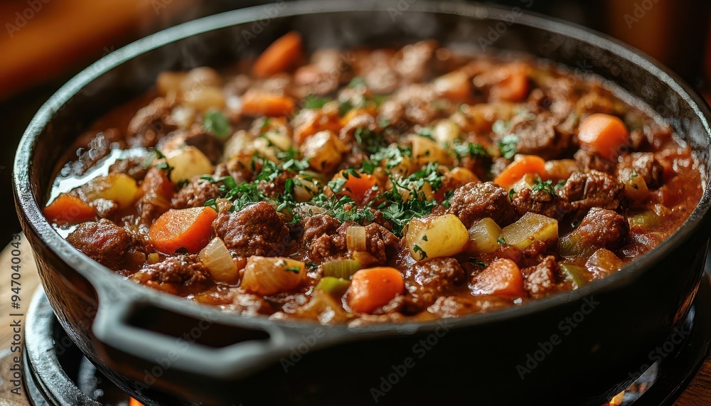 Dutch oven with stew cooking slowly, with rich flavors developing