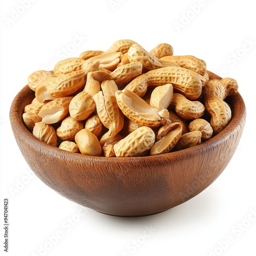 close up of Peanut flips, in a wooden bowl isolated on white background photo