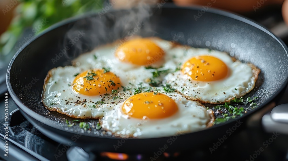 Frying pan with eggs cooking on a stovetop, with focus on breakfast Frying pan with eggs cooking on a stovetop, with focus on breakfast