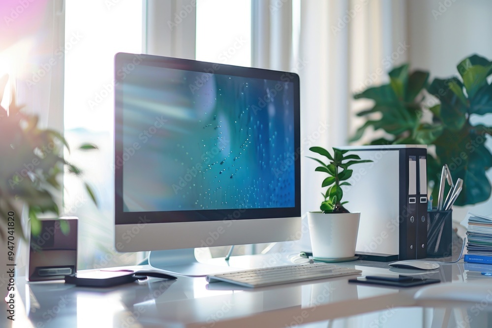 A desktop computer monitor sitting on a desk A desktop computer monitor sitting on a desk
