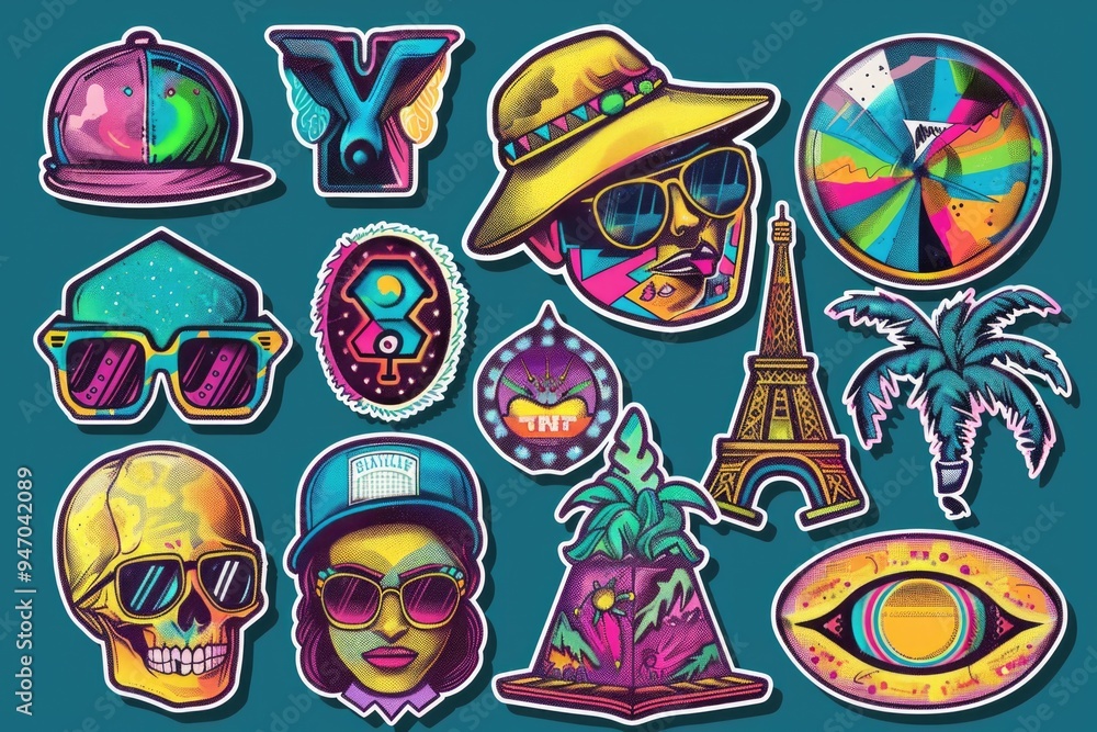 A collection of colorful stickers on a blue background, perfect for creative projects and crafts A collection of colorful stickers on a blue background, perfect for creative projects and crafts