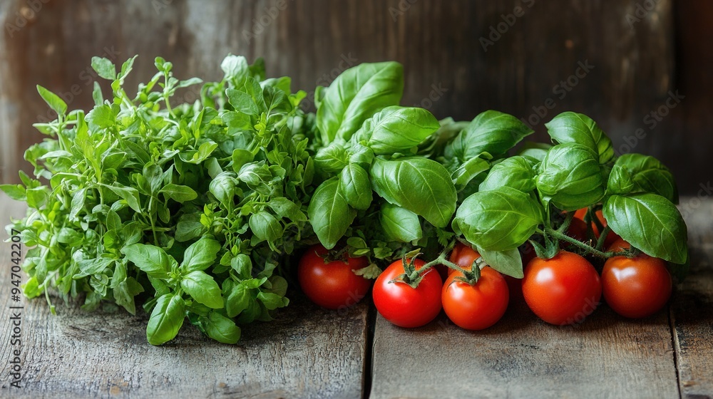 Freshly picked herbs and vegetables from a garden, including basil, cilantro, and tomatoes, displayed on a rustic wooden table Freshly picked herbs and vegetables from a garden, including basil, cilantro, and tomatoes, displayed on a rustic wooden table