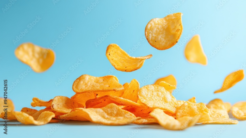 Falling Potato Chips Close-Up Falling Potato Chips Close-Up