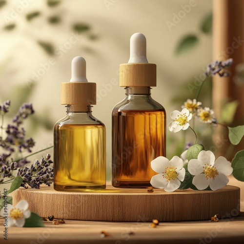 Wallpaper Mural Earthy Essence - Aromatic Essential Oil Blend in Eco-Friendly Packaging - 3D Illustration Torontodigital.ca