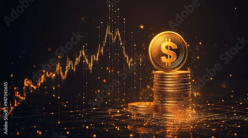 Abstract digital gold dollar coin and money stack with growth arrows up on technology background. Money profit. Economy and finance. Increase revenue concept. Low poly wireframe vector illustration. 