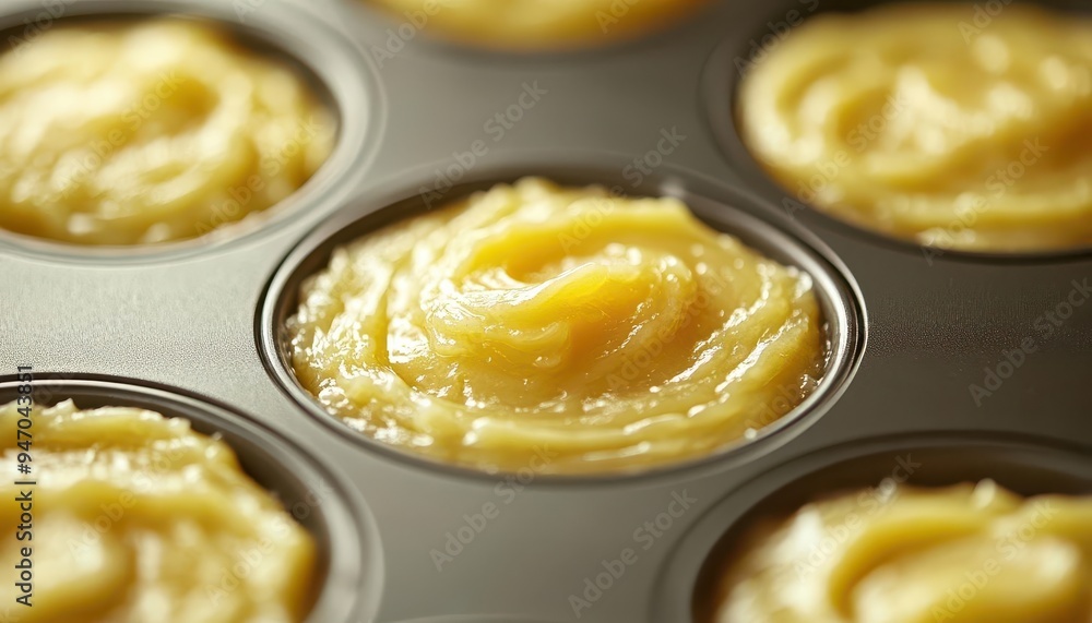 Muffin tin with batter filled and ready to bake in the oven Muffin tin with batter filled and ready to bake in the oven