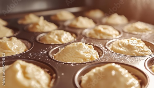 Muffin tin with batter filled and ready to bake in the oven