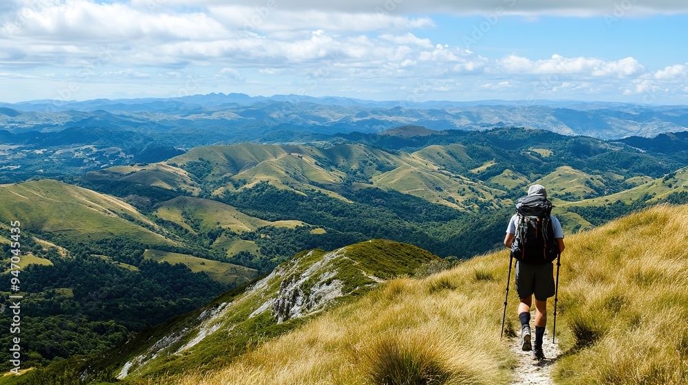 Hiker with trekking poles walking along a mountain ridge, with a vast landscape of rolling hills and valleys below Hiker with trekking poles walking along a mountain ridge, with a vast landscape of rolling hills and valleys below